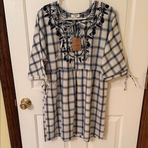 Umgee Blue and White Plaid Dress with Black Embroidery